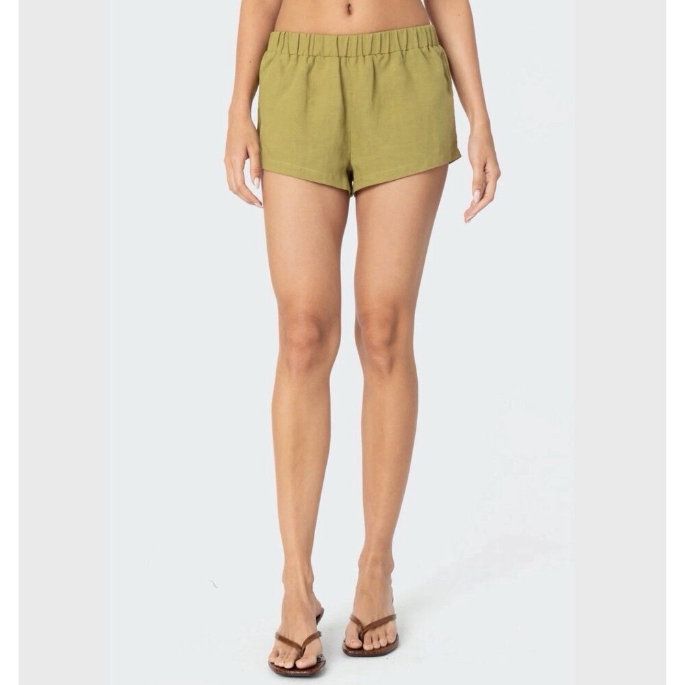 Edikted Arden Linen Look Shorts Green Size XS NWT Elastic Waist Sold Out Crop